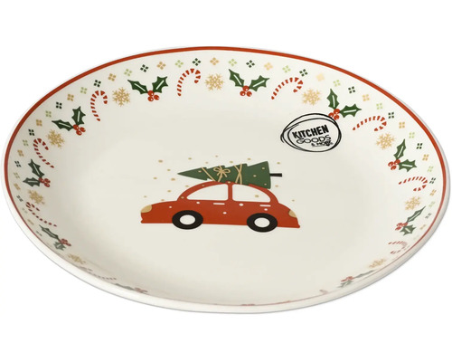 Keramický talíř s vánočním motivem auta, okraj s cesmínou, cukrovými hůlkami a sněhovými vločkami, Kitchen Goods & More Logo.