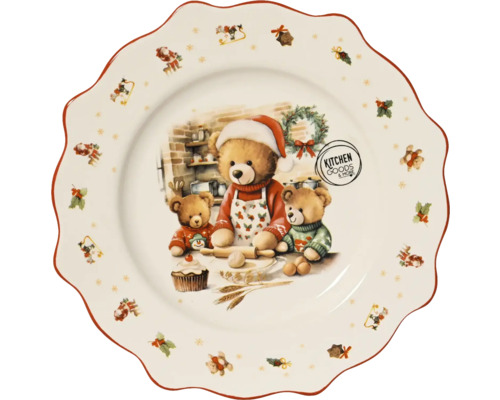 Vánoční porcelánový talíř se zvlněným okrajem, motiv s pečícími medvídky a Kitchen Goods and More Logo.