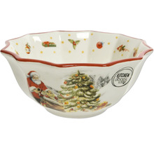 Keramická miska s vánočními motivy jako Santa Claus a vánoční stromek, zvlněný okraj, Kitchen Goods and More Logo.