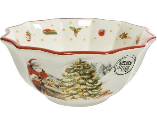 Keramická miska s vánočními motivy jako Santa Claus a vánoční stromek, zvlněný okraj, Kitchen Goods and More Logo.