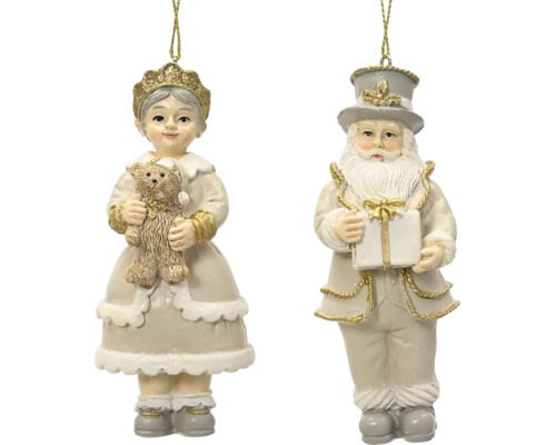 Sada dvou vánočních ozdob, dívka s medvídkem a Santa Claus s dárkem, béžová a zlatá.
