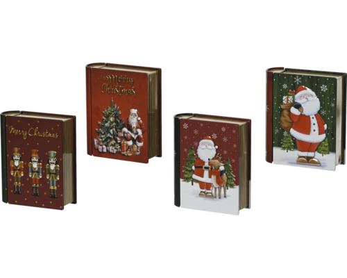 Sada čtyř dekorativních vánočních plechových dóz ve tvaru knihy s motivem Santa Clause, louskáčků a vánočních stromků.
