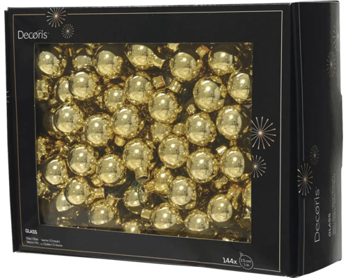 Skleněné vánoční koule Decoris ve zlaté barvě, 144 kusů, průměr 2,5 centimetru.