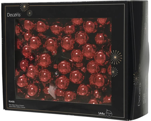 Červené vánoční koule Decoris ze skla, 144 kusů, průměr 2,5 centimetru, v krabici.