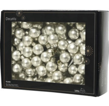 Balení 144 skleněných vánočních koulí Decoris, průměr 2,5 centimetru, perleťově bílá.
