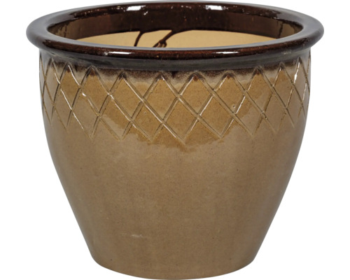 Glazovaný keramický květináč s kosočtvercovým vzorem na horním okraji.