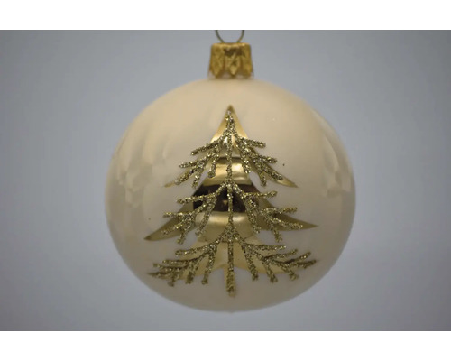 Matná skleněná vánoční koule se zlatým třpytivým motivem vánočního stromku.