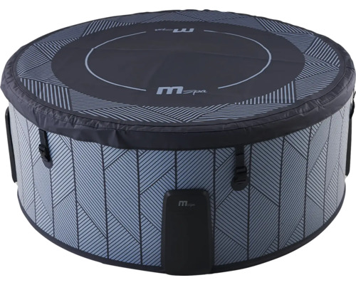 Nafukovací vířivka MSpa kulatá s geometrickým vzorem, krytem a MSpa Logo.