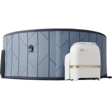 Nafukovací vířivka s modrým geometrickým vzorem a externí bílou řídicí jednotkou s MSpa Logo.