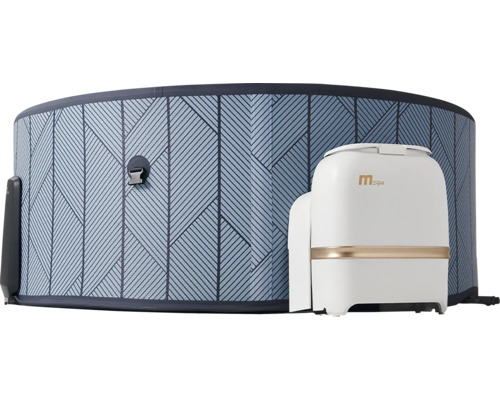 Nafukovací vířivka s modrým geometrickým vzorem a externí bílou řídicí jednotkou s MSpa Logo.