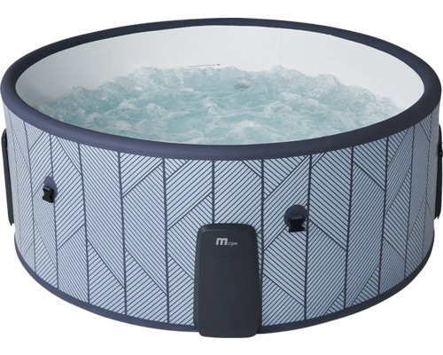 Nafukovací vířivka MSpa s šedým geometrickým vzorem a bublající vodou.