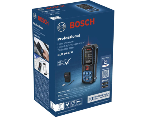 Laserový dálkoměr Bosch Professional GLM 50-27 C v balení s Bluetooth, dosahem 50 Meter, včetně ochranného pouzdra a příslušenství.