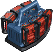 Vícenásobná nabíječka Bosch Professional 18 Volt se šesti akumulátory a transportním držadlem.