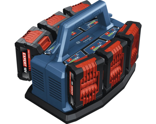 Vícenásobná nabíječka Bosch Professional 18 Volt se šesti akumulátory a transportním držadlem.
