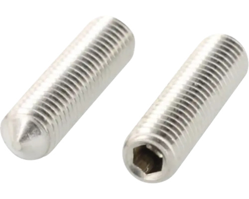 Dva kovové stavěcí šrouby s vnitřním šestihranem a hrotem.