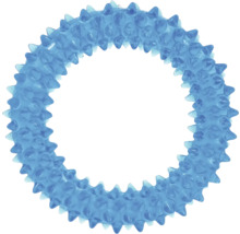Modrý gumový kousací kruh pro psy s výstupky pro péči o zuby.
