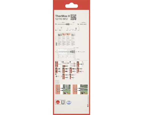 Informace o fischer TherMax II 12/110 M12 s technickými údaji, montážními kroky v jedenácti vyobrazeních a příklady použití.