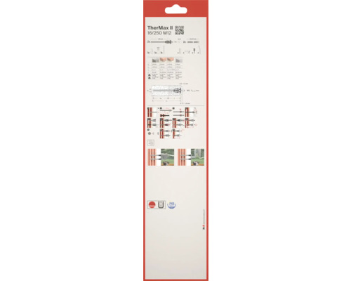 Zadní strana obalu Fischer TherMax II 16/250 M12 s technickými údaji, montážním návodem, příklady, certifikáty a fischer Logo.