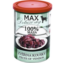 Konzerva Max Deluxe pro psy se 100 procenty kousků zvěřiny.