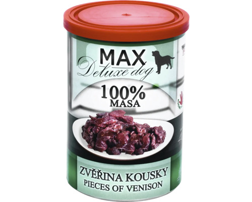Konzerva Max Deluxe pro psy se 100 procenty kousků zvěřiny.