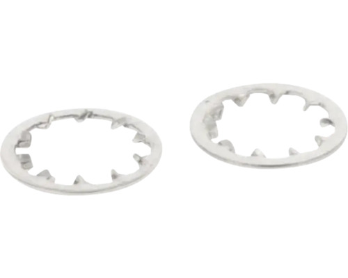 Dvě vějířové podložky s vnitřním ozubením z kovu.