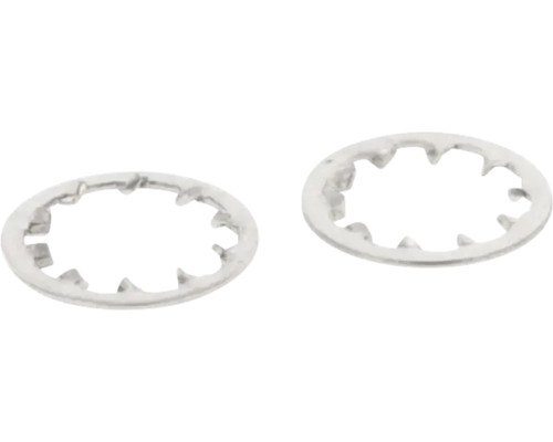 Dvě vějířové podložky s vnitřním ozubením z kovu pro šroubové spoje.