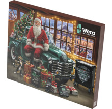 Adventní kalendář Wera s 24 okénky, motiv s Mikulášem na zeleném pick-upu, vozíkem na nářadí a dárky.