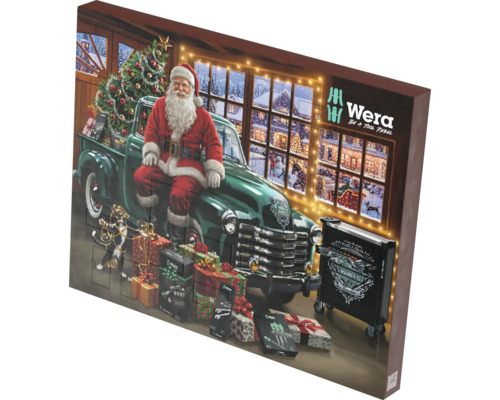 Adventní kalendář Wera s 24 okénky, motiv s Mikulášem na zeleném pick-upu, vozíkem na nářadí a dárky.