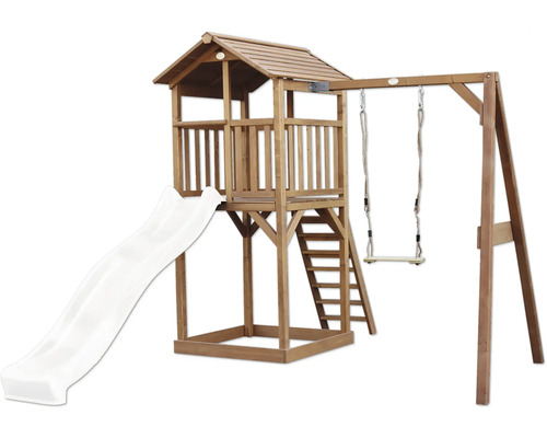 Dřevěná hrací věž se sedlovou střechou, vlnitou skluzavkou, žebříkem a houpačkou na zahradu.