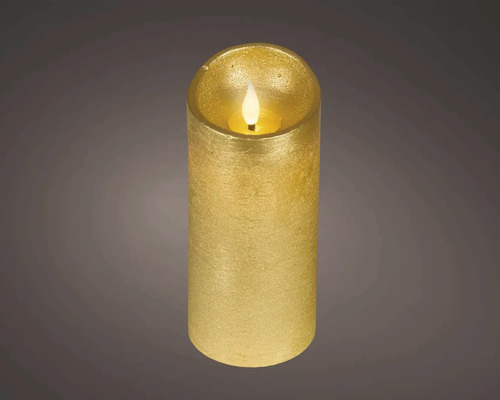 Zlatá LED sloupová svíčka se strukturovaným povrchem a svítícím LED plamenem.