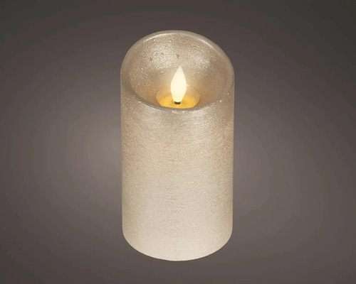 LED válcová svíčka s metalickým povrchem a umělým plamenem.