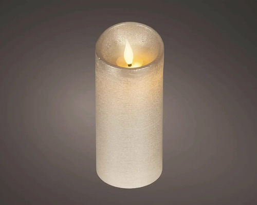 LED válcová svíčka s realistickým plamenem a strukturovaným povrchem.