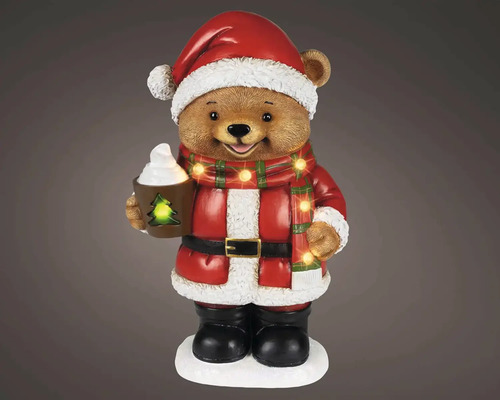 LED vánoční figurka medvídka v oblečku Santa Clause se svítící šálou a šálkem horké čokolády.