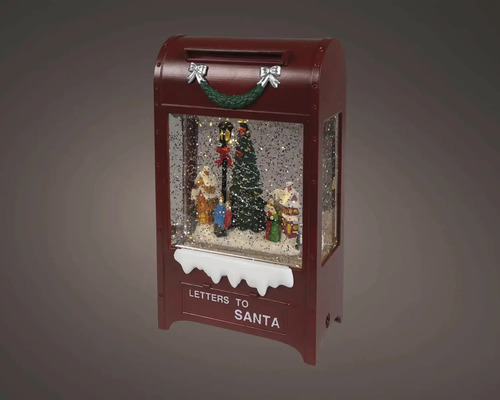 Vánoční dekorace v podobě červené poštovní schránky se sněžítkem, stromečkem a nápisem Letters to Santa.