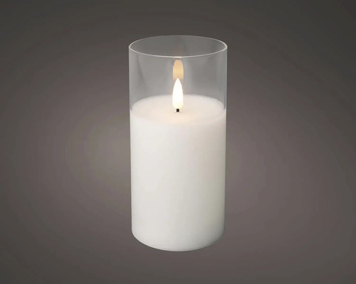 LED svíčka ve skleněném válci s bílým voskovým vzhledem a svítícím plamenem.