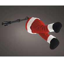 Dekorativní nohy Santa Clause s mechanickým ramenem, červené kalhoty, bílá umělá kožešina a černé boty.