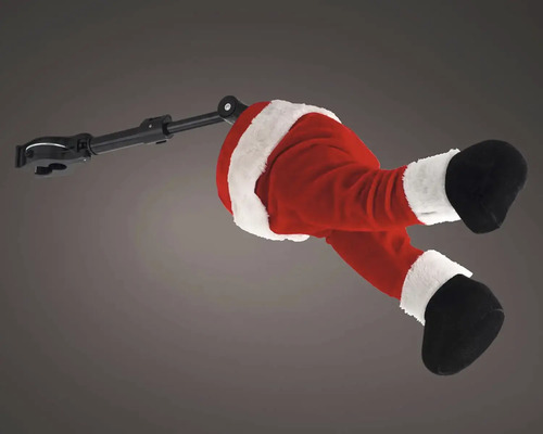 Dekorativní nohy Santa Clause s mechanickým ramenem, červené kalhoty, bílá umělá kožešina a černé boty.