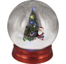 Sněžítko s postavou Santa Clause, zdobeným vánočním stromkem, žebříkem a LED osvětlením na červeném podstavci.