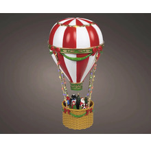 Vánoční dekorace horkovzdušný balón s LED osvětlením, červeno-bíle pruhovaný, koš s postavou Santa Clause a sněhuláka.