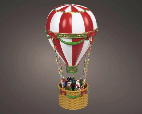 Vánoční dekorace horkovzdušný balón s LED osvětlením, červeno-bíle pruhovaný, koš s postavou Santa Clause a sněhuláka.