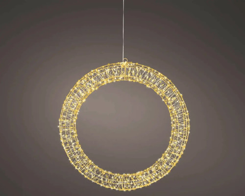 LED světelný kruh k zavěšení z kovového drátu s mnoha integrovanými diodami.
