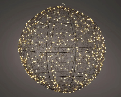 LED světelná koule pro venkovní i vnitřní použití, dekorativní vánoční osvětlení ve tvaru koule s teple bílými LED diodami na kovovém rámu.