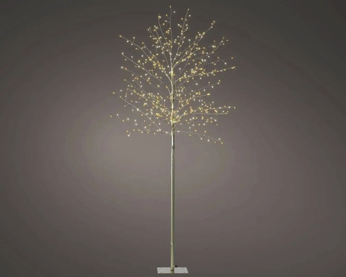 Svítící LED strom s mnoha teplými bílými mikro LED diodami na jemných větvích se stojanem.