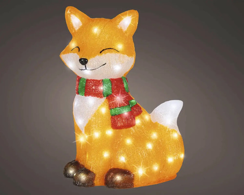 LED vánoční figurka liška s šálou, teplé bílé osvětlení pro vnitřní i venkovní použití.