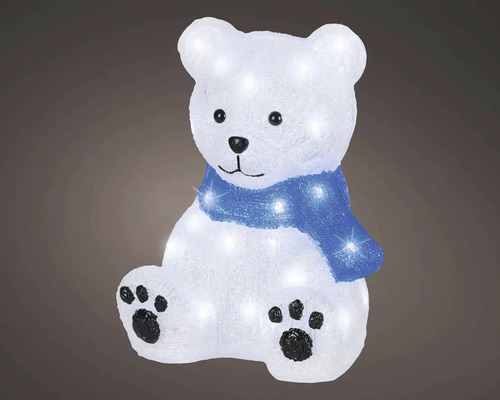 LED akrylová figurka ledního medvěda sedícího s modrou šálou, osvětlená