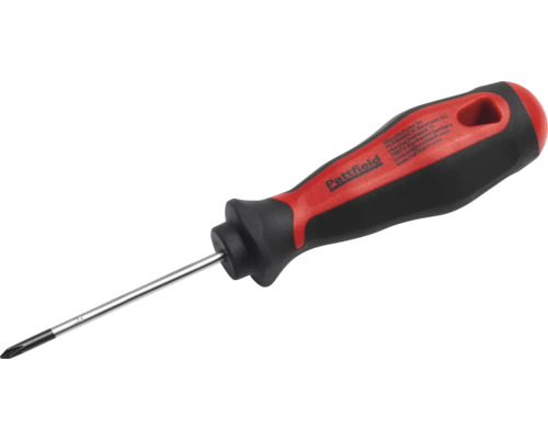 Křížový šroubovák Pattfield v červené a černé barvě s ergonomickou vícekomponentní rukojetí a ocelovým dříkem.