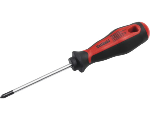 Křížový šroubovák Pattfield s ergonomickou červeno-černou rukojetí a ocelovým dříkem.