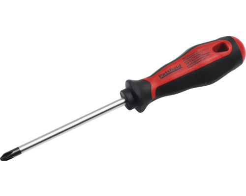 Křížový šroubovák Pattfield s ergonomickou dvousložkovou rukojetí a ocelovou čepelí.