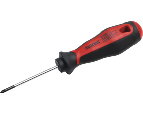 Křížový šroubovák Pattfield s ergonomickou černo-červenou rukojetí a ocelovým dříkem.