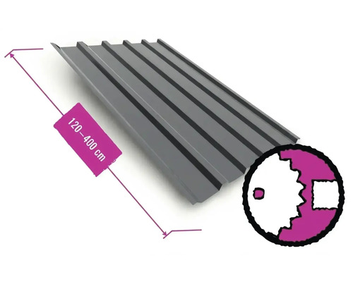 Trapézový plech z kovu v antracitové barvě, délka 120 až 400 centimetrů a symbol pro individuální přiřez.